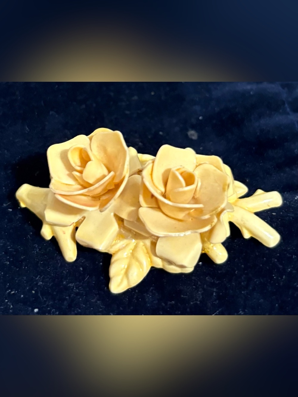 A vintage carved celluloid brooch featuring two roses and leaves.